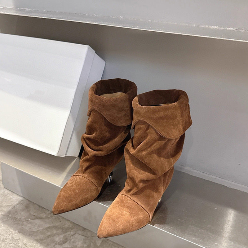 Women's Suede Kitten Booties Pleated Length Loose Socks Retro Slimming Western Women's Leather Boots