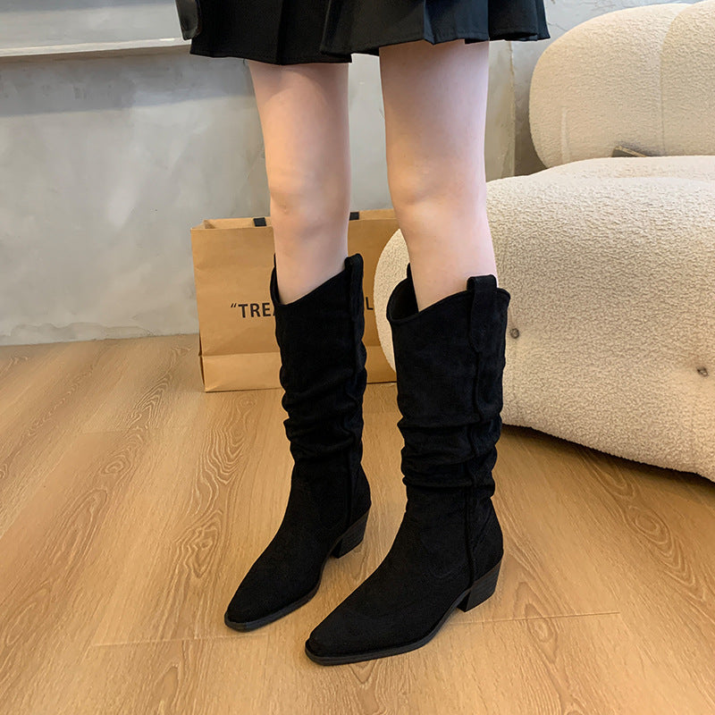 Women's Size Suede Pile Style Western Cowboy Thick Leg Thigh Circumference Boots