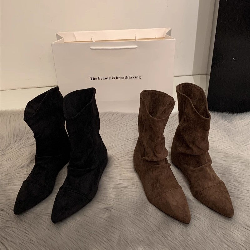 Women's Insole Pile Style Pointed Khaki With Skirt High Women's Leather Boots
