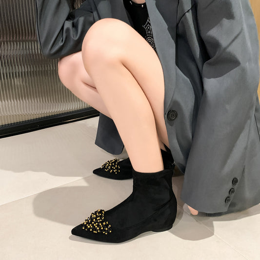 Women's Insole Pointed Toe Skinny Ankle Suede Stretch French Women's Leather Boots