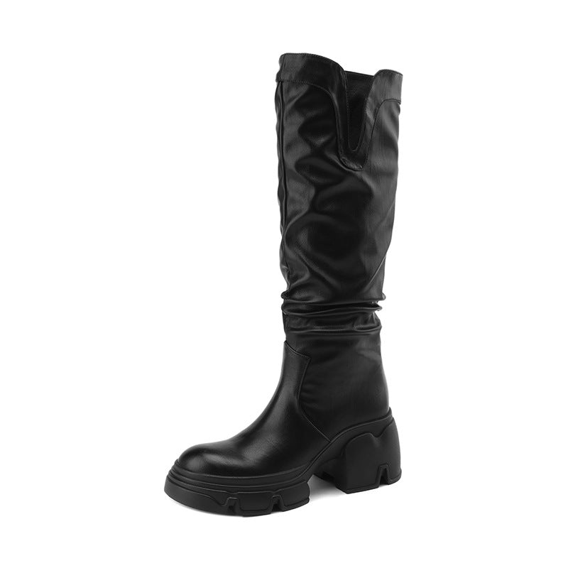 Women's Thick-soled Pile Style Authentic Platform Knee-length Small Women's Leather Boots