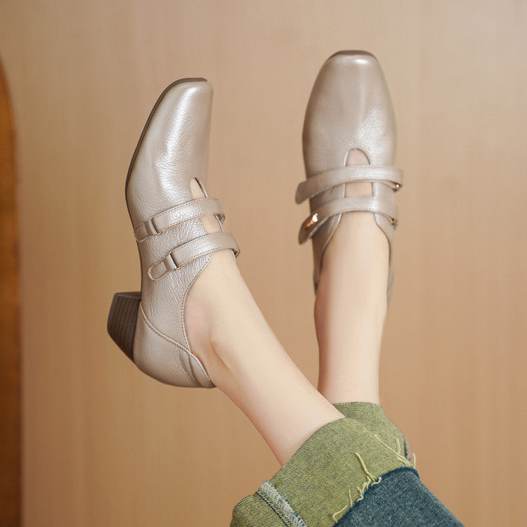 Elegant Soft Sheepskin Square Toe Mary Jane Low Velcro Deep Women's Fashion Shoes