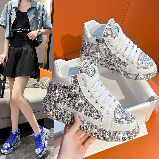 Women's Rhinestone Color Block Embroidery High Top Sneakers