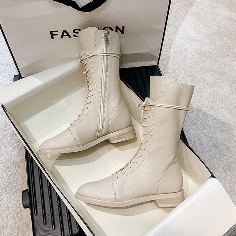 Martin Female British Style White Ankle Boots