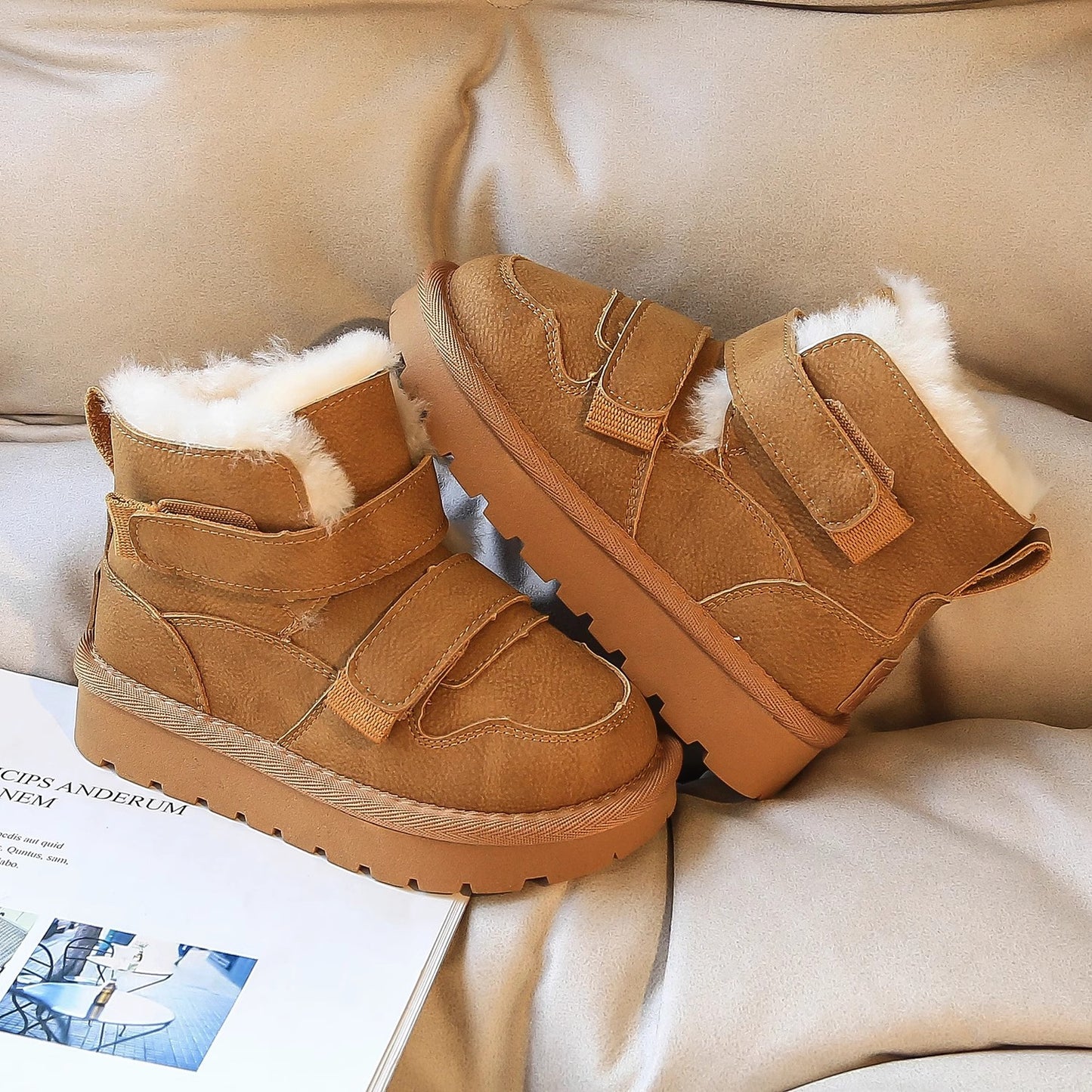 Children's Fur Integrated Fleece-lined Thickened Boys Big Kid's Snow Boots