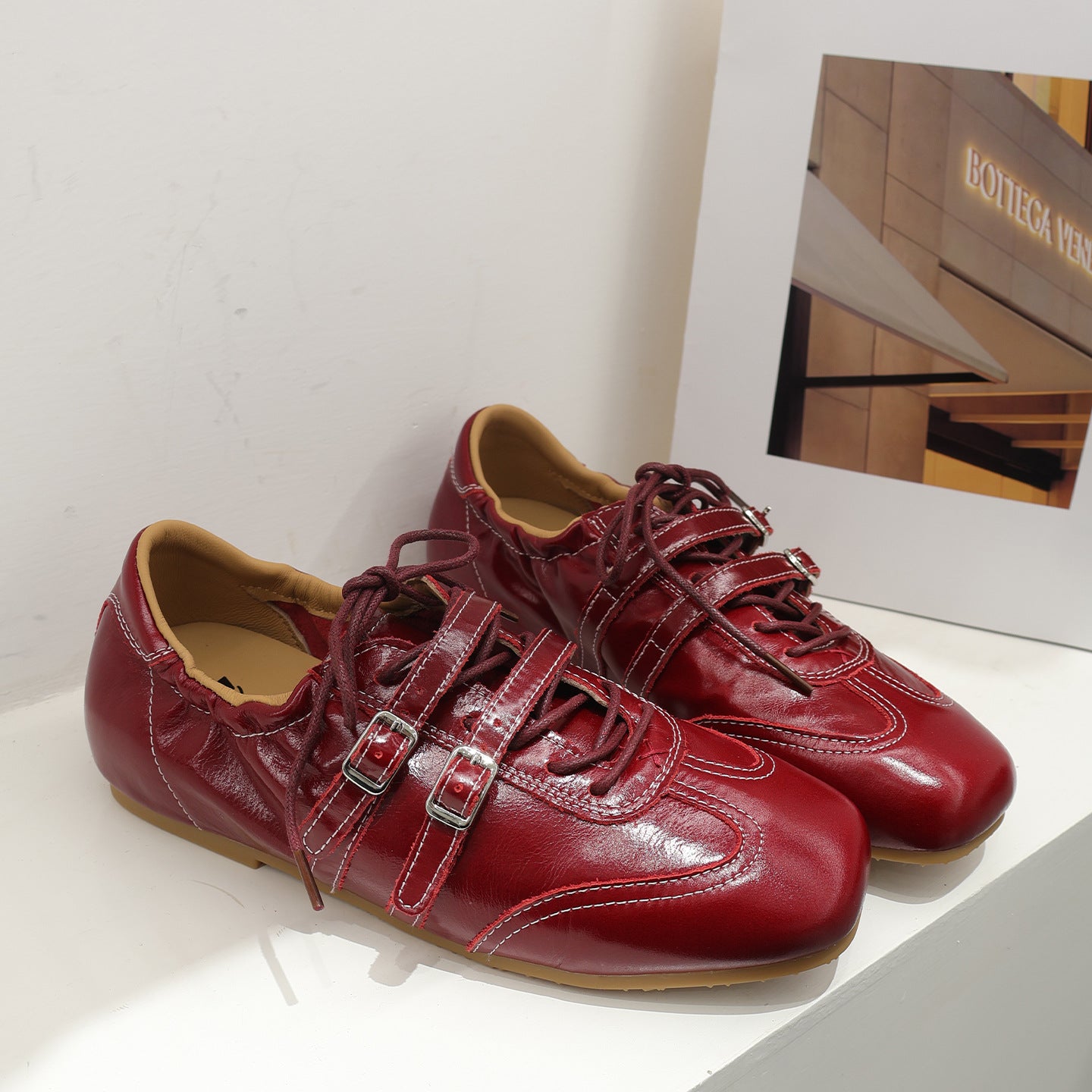 Women's Small Chunky Square Toe Double Buckle Leather Shoes