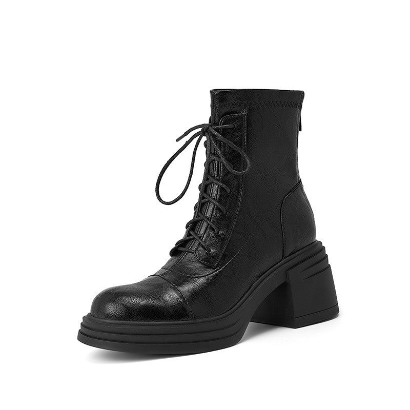 Women's Round Toe Soft Short For Winter Chunky High Stretch Thin Women's Leather Boots