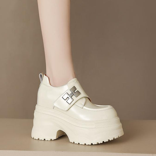 High Genuine Elevator Deep Mouth Pumps Small Muffin Platform Metal Loafers