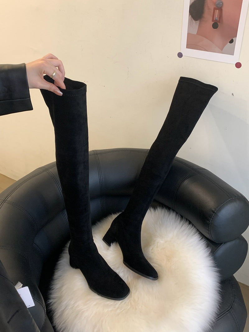 Long Female Tube Tail Soft Suede Chunky Fashion Women's Leather Boots