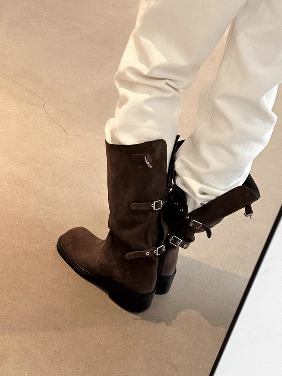 Women's Minority Belt Buckle Tall Knight Chunky Women's Leather Boots