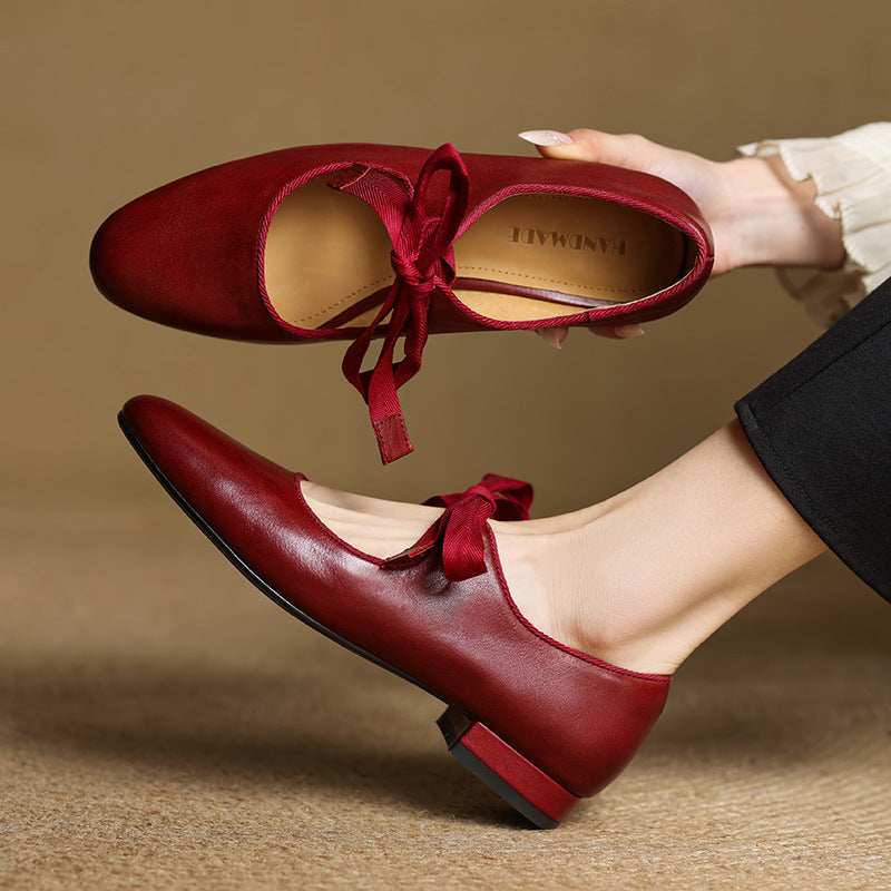 First Layer Cowhide Bow Retro Solid Color Women's Fashion Shoes
