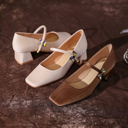 Sheepskin Version Chunky Mary Jane Female Square Toe Women's Shoes