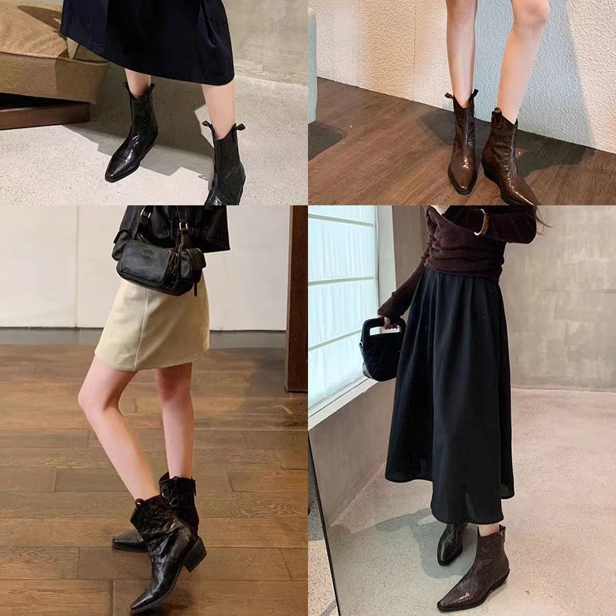 Women's V-shaped Mouth Retro Denim Genuine Skinny Thick Wrinkle Western Short Heels