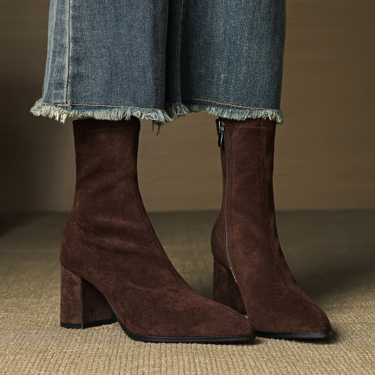 Women's French Style High Stretch Winter Side Zipper Thick Women's Leather Boots