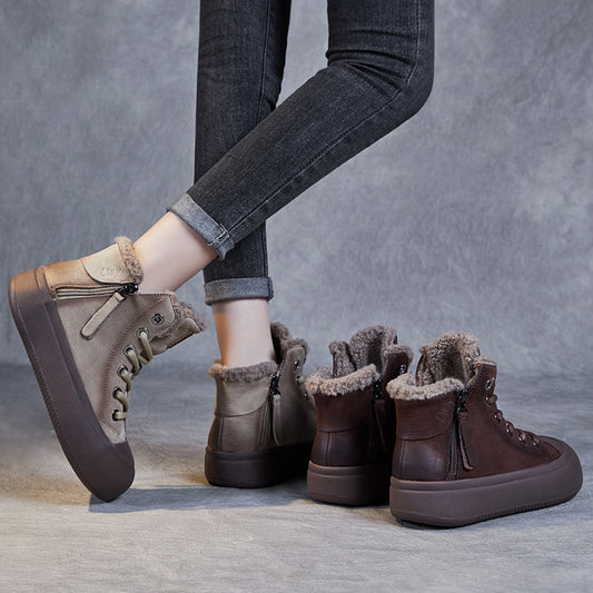 Women's First Layer Cowhide Vintage Double Zipper Short Women's Shoes
