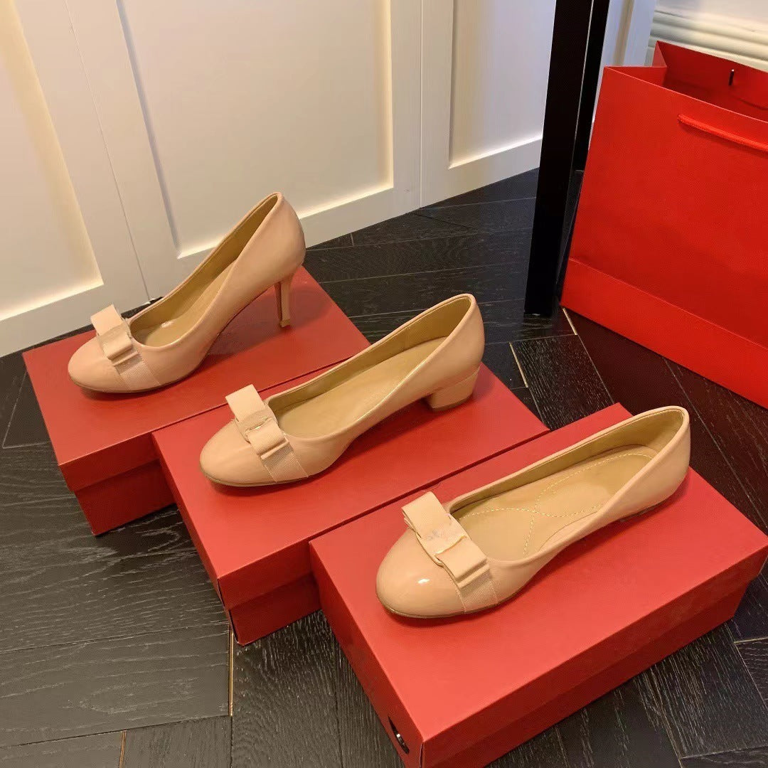 Spring Bowknot Round Toe Wedding Commuter Style Single Patent Women's Casual Shoes