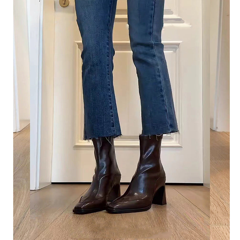 Women's Cowhide French Retro Skinny High Chunky Booties Square Women's Leather Boots