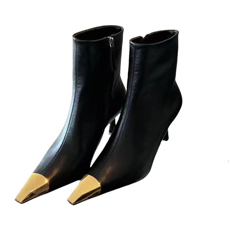 Women's Pu Pointed Toe Black High-heeled Short Stiletto Not Tired Feet Women's Leather Boots