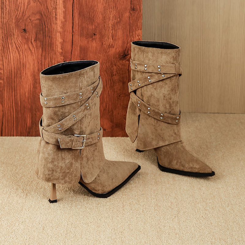 Women's Belt Buckle Wide Pointed Stiletto Short High Boots