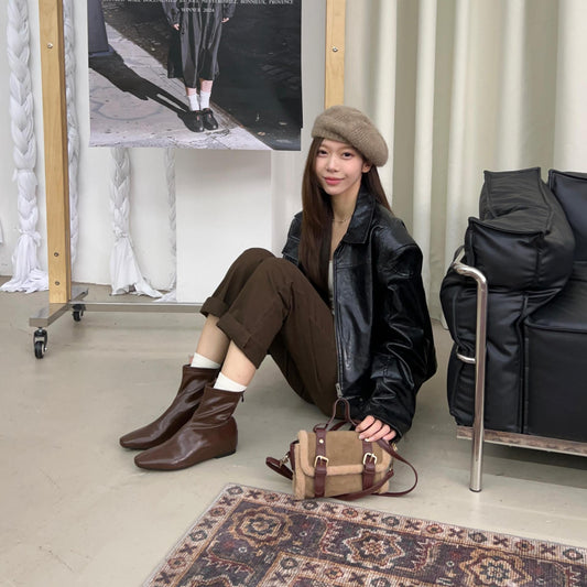 Retro Minimalist Zipper Square Head Wedge Hidden Ankle Women's Leather Boots
