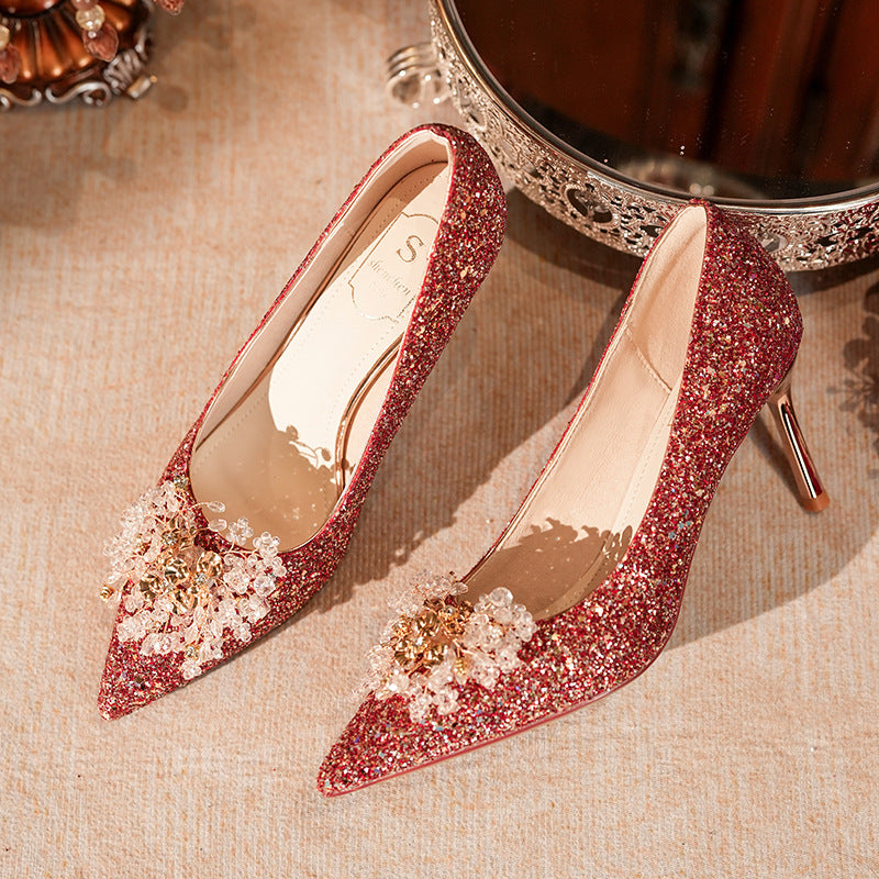 Sequin Wedding Banquet Dress Bridal Pointed Women's Shoes