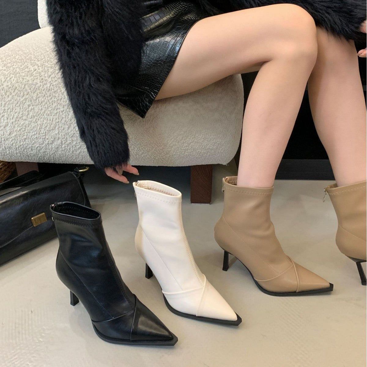 Women's Beige High Short Stiletto Temperament Dr. Women's Leather Boots