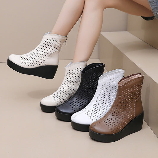Women's Ethnic Style First Layer Cowhide Back Zip Platform Women's Shoes