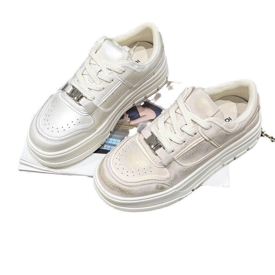 Women's Thick Bottom Pearlescent Lock White Sports Height Increasing Women's Casual Shoes