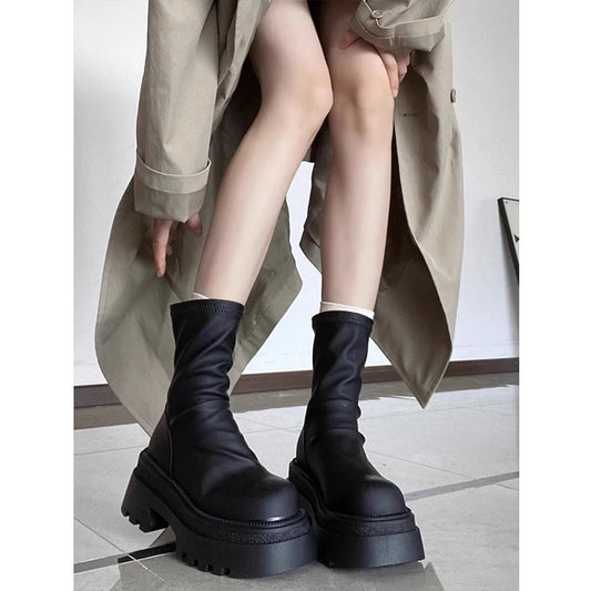 Women's Platform Martin Stretch Thin Versatile Slimming Pleated Pile Style Smoke Boots