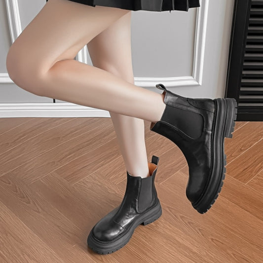 Women's Round Head Chunky Platform Smoke Pipe Chelsea Women's Leather Boots