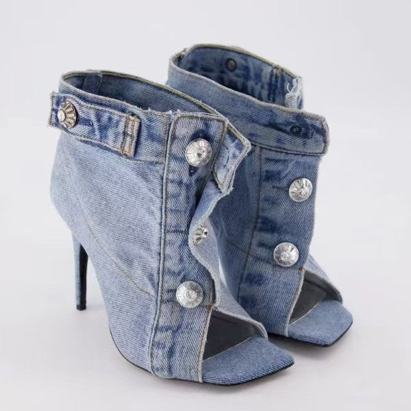 Women's Fat Feet Loose Denim Chunky Fashion Sweet High Heeled Sandals