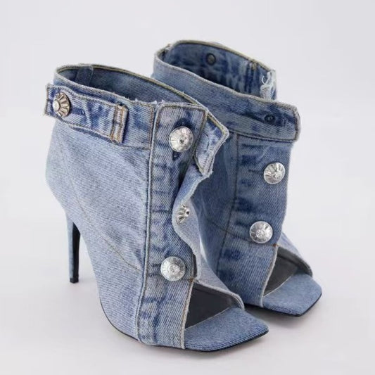 Women's Fat Feet Loose Denim Chunky Fashion Sweet High Heeled Sandals