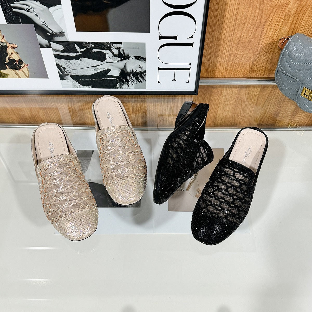 Women's Half Summer Fashion Outer Wear Mesh Genuine Hollow Mid Flat Slippers