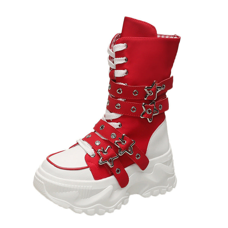Women's Platform Martin Round Toe Belt Buckle Motorcycle Strap Women's Leather Boots