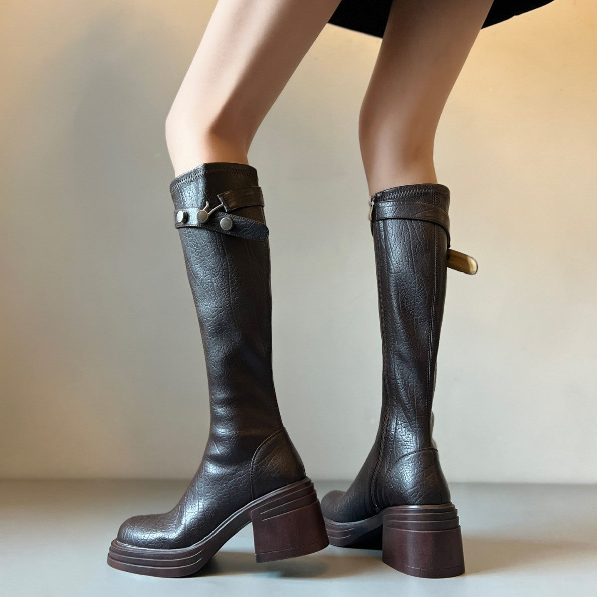 Women's High Skinny Leg Round Toe Slimming Knight Women's Leather Boots