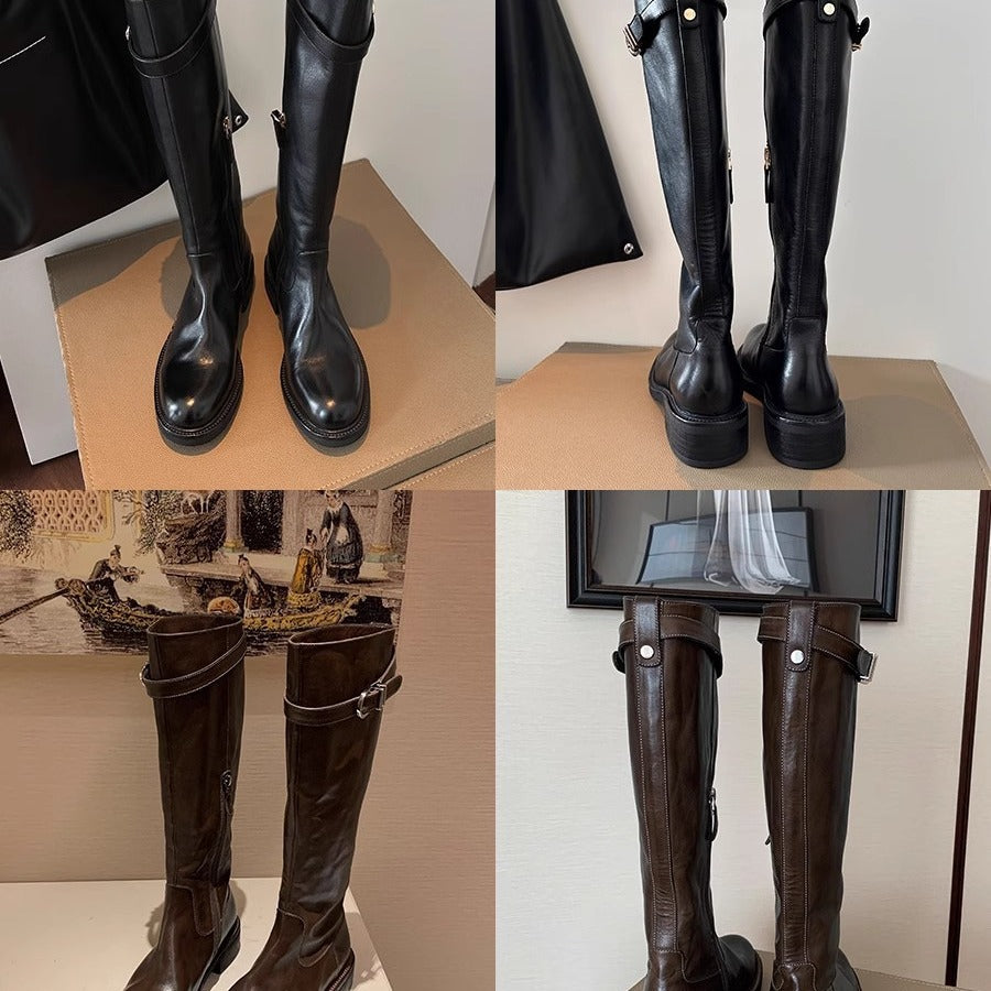 Women's Washed Soft Retro Chunky Thick Bottom Knight Slimming Brown Tube Boots
