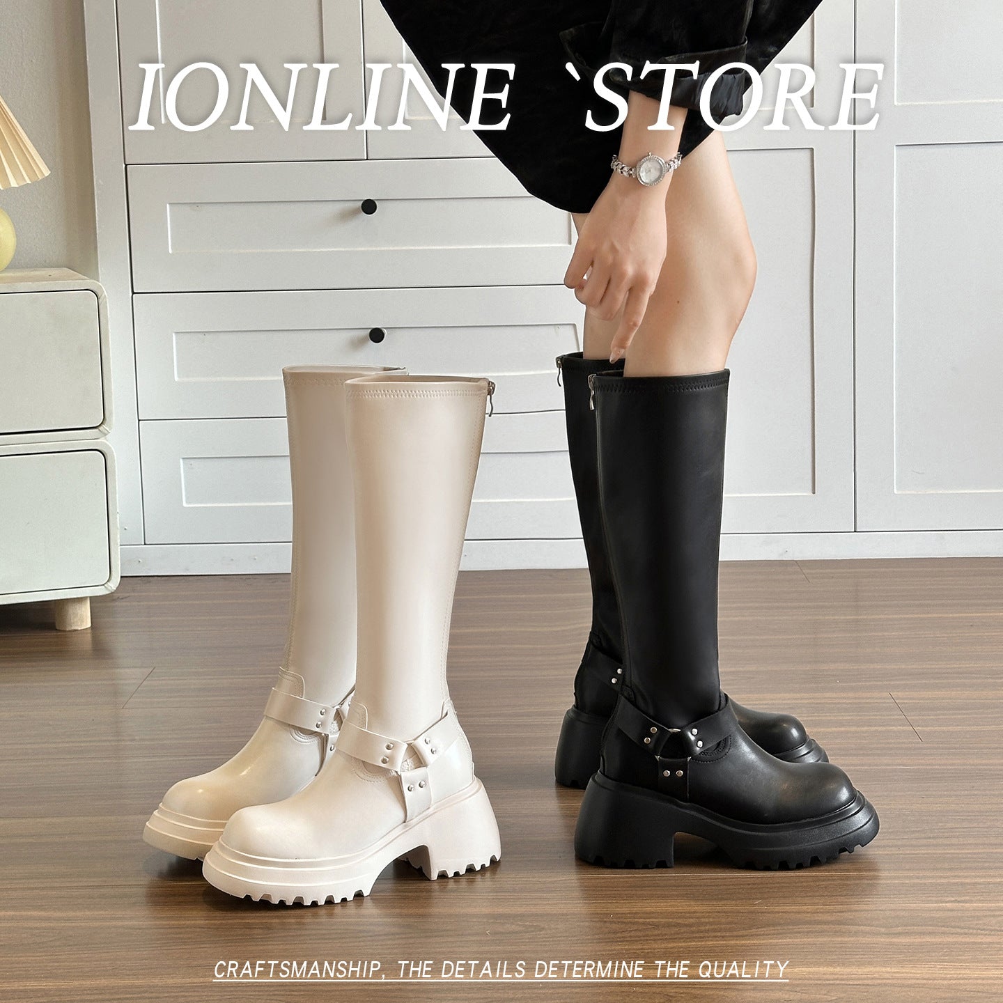 High Tube Below The Knee Thick Bottom Chunky Women's Leather Boots