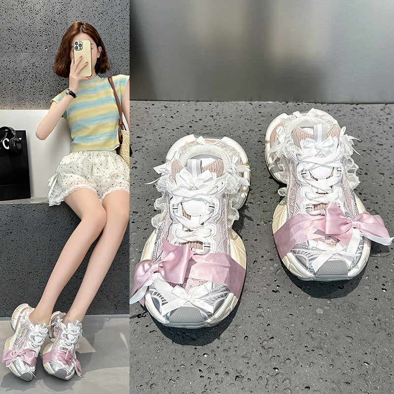 Women's Paris Lace Bow Half Thick Bottom Heightened Daddy Mesh Breathable Women's Sports Shoes