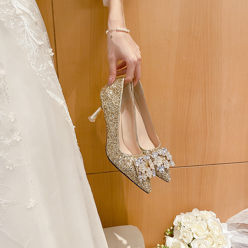 Women's High Square Buckle French Wedding Bridesmaid Plus Heels