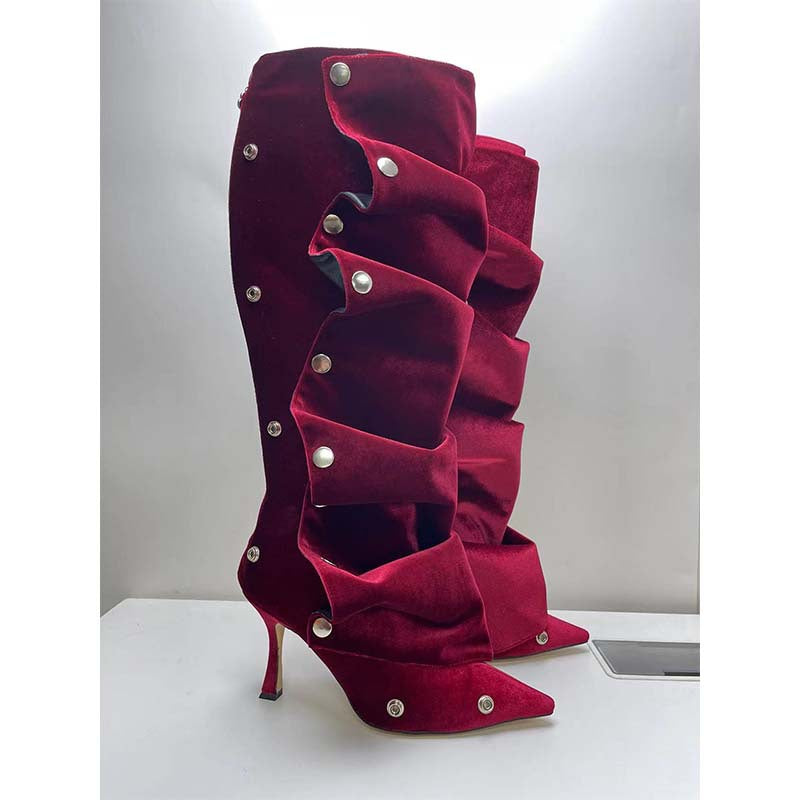 Women's High Metal Rivet Denim Stitching Two-way Pile Style Knee-length Large Women's Leather Boots