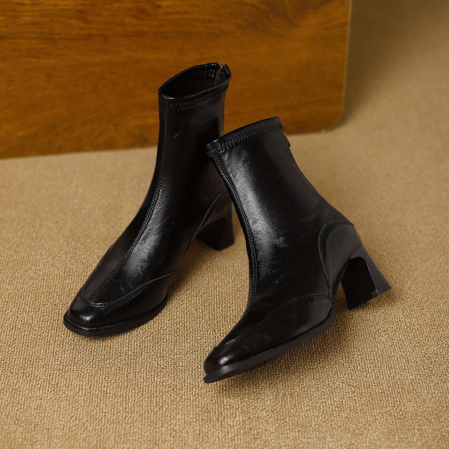 Women's Square Toe Booties Chunky Back Zip Soft Artistic Retro Style Women's Leather Boots