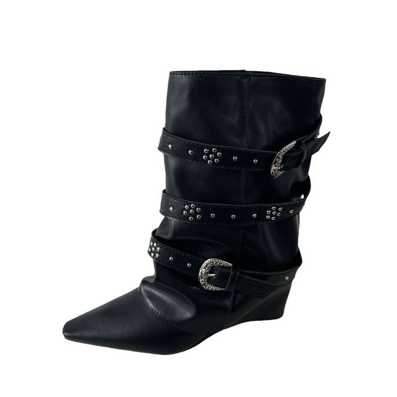 Ankle Fashionable Pointed Toe Wide Tube Slimming Belt Buckle Rivet Boots