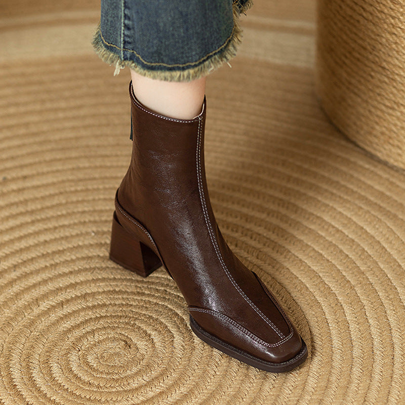 Women's Design Sense Square Toe Chunky Short British Style Fried Street Women's Leather Boots
