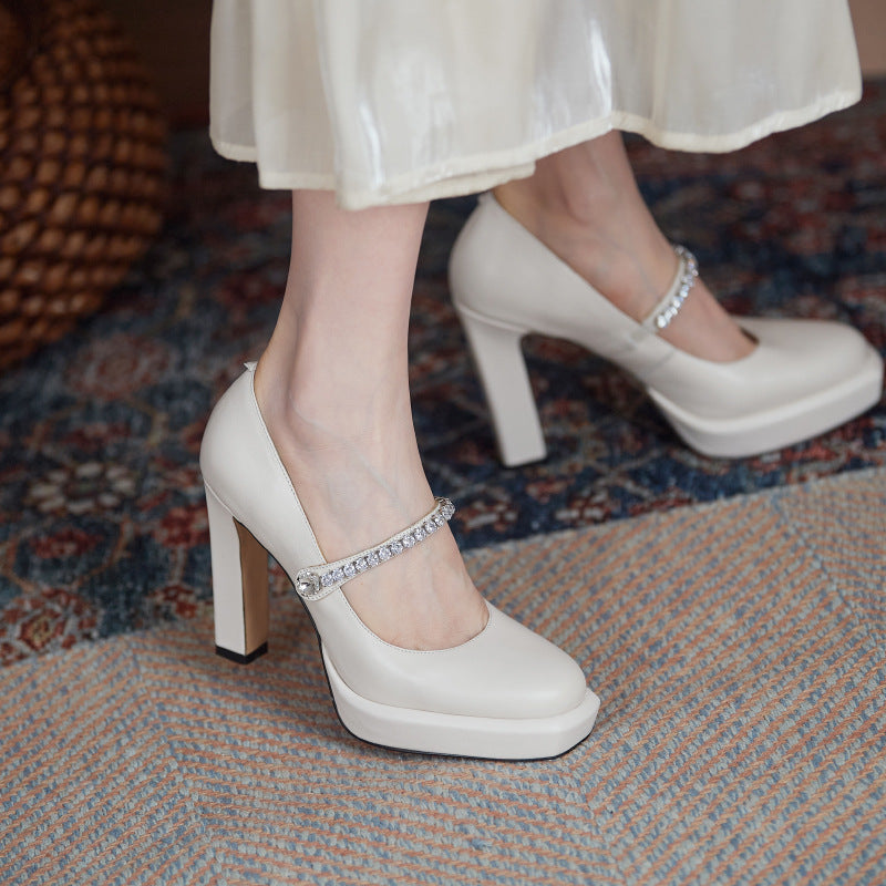 Women's Spring Rhinestone Thick Super Low-cut Waterproof Platform Pumps Mary Heels