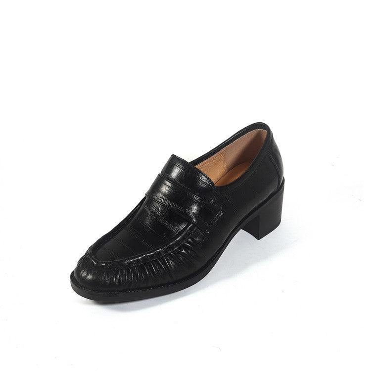 Women's Spring Genuine Inside Outside Round Toe Slip-on Thick Mid Deep Loafers