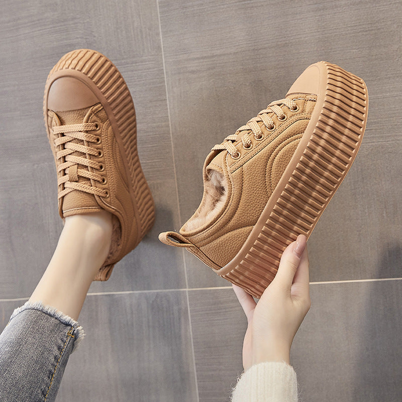 Women's Platform Biscuit Shape Fleece-lined White Sneakers