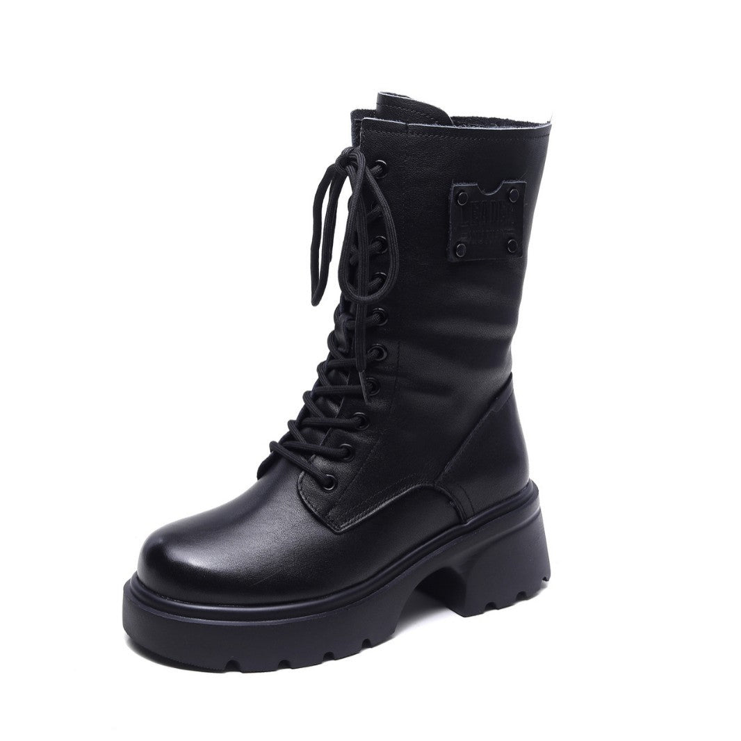 Women's Thick Bottom Vintage Martin Real With Fleece Lining Mid Chunky Heels