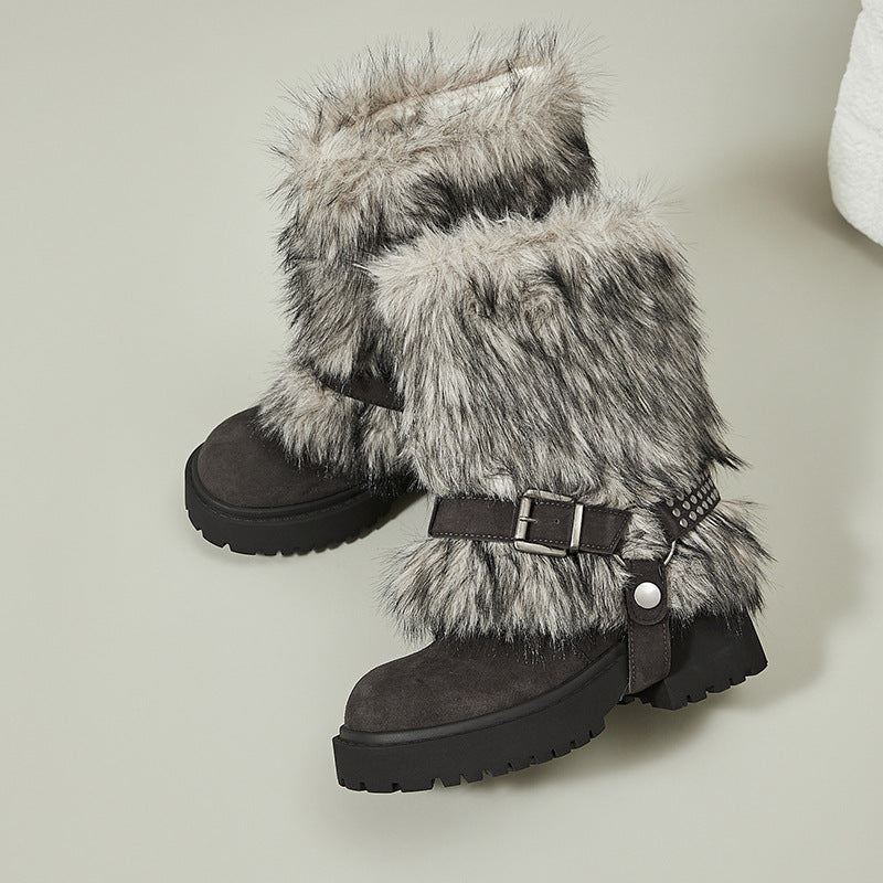 Women's Platinum Round Head Warm Imitation Fur Thick Millennium Style Hot Women's Snow Boots