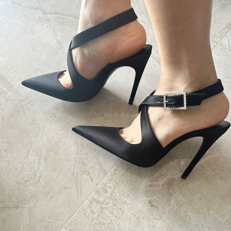 Women's Square Buckle French Style Temperament Black High Heeled Sandals