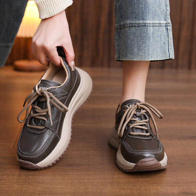Women's First Layer Cowhide Platform Dad Comfortable Soft Bottom Round Casual Shoes